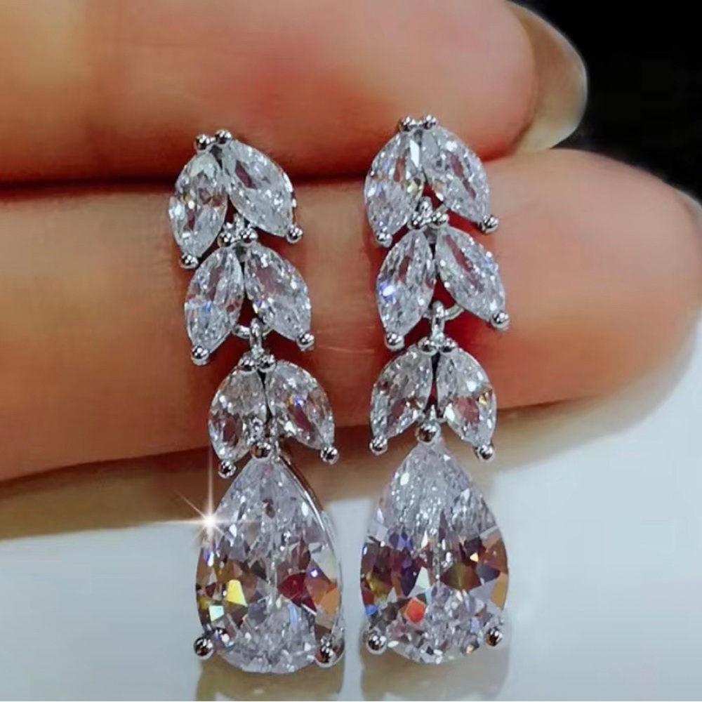 925 Silver Crystal Leaf Drop Earrings